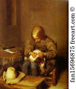 Flea Art Print - A Boy Ridding His Dog Of Fleas