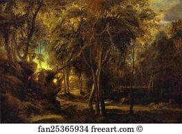 Deer Art Print - A Forest At Dawn With A Deer Hunt