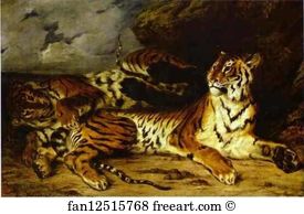 Tiger Art Print - A Young Tiger Playing With Its Mother
