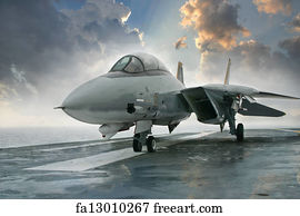 Military Art Print - An F-14 Tomcat Jet Fighter Sits On The Deck Of An Aircraft Carrier Deck Beneath Dramatic Clouds