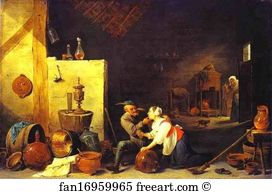 Old Young Art Print - An Old Peasant Caresses A Kitchen Maid In A Stable