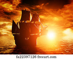 Military Art Print - Ancient Pirate Ship Sailing On The Ocean At Sunset