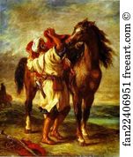 1855 Oil On Canvas The Hermitage Art Print - Arab Saddling His Horse