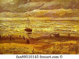 Beach Art Print - Beach With Figures And Sea With A Ship