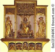 Around Art Print - Central Part: Wooden Carved Figures Of St. August, St. Anthony, St. Jerome; Bottom Part Jesus With 12 Apostles. Sculptures By Nicolas De Haguenau (Active In Strasbourg Around 1490)