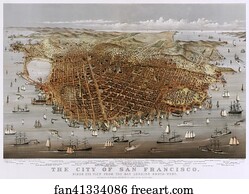 Bird Art Print - Color Lithograph Of The City Of San Francisco. Birds Eye View From The Bay Looking South-West. Panoramic View Of San Francisco, California, With The San Francisco Bay In The Foreground And The Pacific Ocean In The Background.