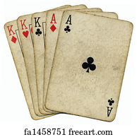 Poker Art Print - Full House Aces And Kings Vintage Poker Cards Isolated Over White.