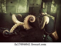 Military Art Print - Military Man Shoots Machine Gun In Octopus