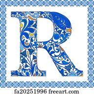 Free art print of Blue letter R. Blue floral capital letter R in frame