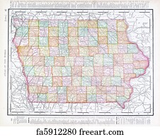 Free art print of Antique Vintage Color Map of Iowa, USA. Vintage map ...