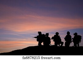 Military Art Print - Silhouette Of Modern Troops In Middle East Silhouette Against Be