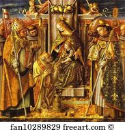 Madonna and Child Enthroned with Presentation of the Keys to St. Peter, with Saints John of Capistrano, Emidius, Francis, Louis of Toulouse, James of the Marches, and an Unidentified Bishop