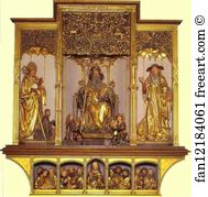 Central part: wooden carved figures of St. August, St. Anthony, St. Jerome; bottom part Jesus with 12 Apostles. Sculptures by Nicolas de Haguenau (active in Strasbourg around 1490)