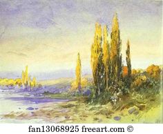 Lombardy Poplars on the Bank of a Lake. Evening