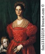 Lady in a Red Dress with a Fair-Haired Little Boy