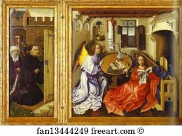 The Annunciation. (The Merode Altarpiece). The left and central panels of the triptych