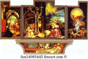 Annunciation (left), Concert of Angels (central left), Nativity (cental right), Resurrection (right)