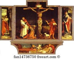 The first view of the altar: (bottom) St. Sebastian (left), The Crucifixion (central), St. Anthony (right), Entombment