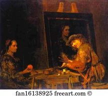 Self-Portrait at an Easel Painting an Old Woman