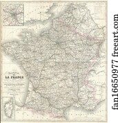 Nouvelle Carte del La France indiquant les Routes de Poste, les Routes Nationales & Departmentales aved les Distances en Kilometres.