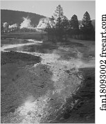 Stream winding back toward geyser, "Central Geyser Basin, Yellowstone National Park," Wyoming. (Vertical orientation).  Photographs of National Parks and Monuments, compiled 1941 - 1942, documenting the period ca. 1933 - 1942.