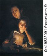 Girl Reading a Letter by Candlelight, With a Young Man Peering over Her Shoulder