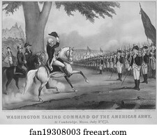 Washington Taking Command of the American Army, at Cambridge, Massachusetts July 3rd, 1775. Copy of lithograph by Currier & Ives, 1876.