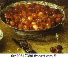 Still Life with Cherries and Strawberries in Porcelain Bowls. Detail