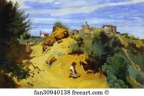 Genzano. Goatherd and View of a Village