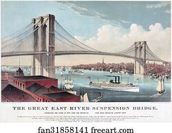 The great East River suspension bridge.  Connecting the cities of New York and Brooklyn. View from Brooklyn, looking west.