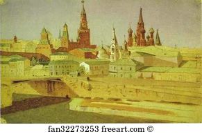 View of the Moskvoretsky Bridge, the Kremlin and the Pokrovsky Cathedral