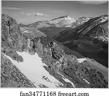 View of barren mountains with snow, "Long's Peak, Rocky Mountain National Park," Colorado.  Photographs of National Parks and Monuments, compiled 1941 - 1942, documenting the period ca. 1933 - 1942.