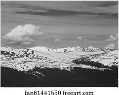 View at timberline, dark foreground, light snow capped mountain, gray sky, "Rocky Mountain National Park. Never Summer Range,"Colorado.  Photographs of National Parks and Monuments, compiled 1941 - 1942, documenting the period ca. 1933 - 1942.