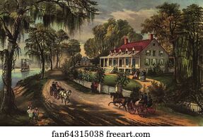 Chromolithograph of the Woodland Plantation in West Pointe à la Hache, Louisiana, United States, by Currier and Ives.