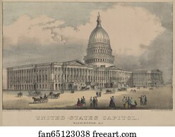 United States Capitol, Washington, D.C. Print shows the east front of the U.S. Capitol as seen from the south-east, with pedestrians and horsedrawn carriages on plaza in front.