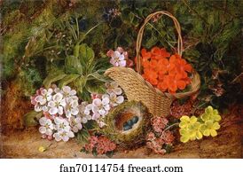 Basket of Primula Flowers and a Bird's Nest