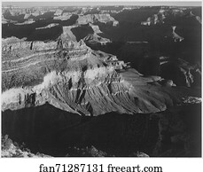 View, dark shadows in foreground and right, framing cliffs at left and center, "Grand Canyon National Park," Arizona.  Photographs of National Parks and Monuments, compiled 1941 - 1942, documenting the period ca. 1933 - 1942.