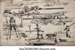 Four different ways of dealing with water during a hunt: a hunter lying on ice, a hunter hiding in a boat, a hunter on stilts and a hunter using a pole as a bridge.
