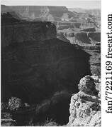 View of darkly shadowed canyon at left and center, from the "South Rim, 1941, Grand Canyon National Park," Arizona. (vertical orientation).  Photographs of National Parks and Monuments, compiled 1941 - 1942, documenting the period ca. 1933 - 1942.