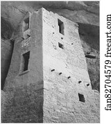 View of tower, taken from above, "Cliff Palace, Mesa Verde National Park," Colorado. (Vertical Orientation).  Photographs of National Parks and Monuments, compiled 1941 - 1942, documenting the period ca. 1933 - 1942.