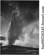 Taken at dusk or dawn from various angles during eruption. "Old Faithful Geyser, Yellowstone National Park," Wyoming. (vertical orientation).  Photographs of National Parks and Monuments, compiled 1941 - 1942, documenting the period ca. 1933 - 1942.