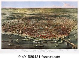 Color lithograph of the City of St. Louis. Bird's-eye view of St. Louis, Missouri, as seen from above the Mississippi River; prominent features identified below the image.