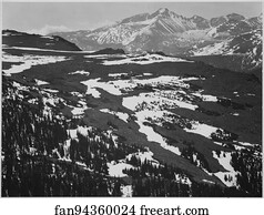 View of plateau, snow covered mountain in background, "Long's Peak, Rocky Mountain National Park," Colorado.  Photographs of National Parks and Monuments, compiled 1941 - 1942, documenting the period ca. 1933 - 1942.