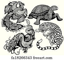Free art print of Four celestial animals illustration. Four celestial animals in feng shui. Dragon, phoenix, turtle and tiger. The mythological creatures in the Chinese constellations. Tattoo illustration | FreeArt | fa50539547 Free art print of Four celestial animals illustration. Four celestial animals in feng shui. Dragon, phoenix, turtle and tiger. The mythological creatures in the Chinese constellations. Tattoo illustration | FreeArt | fa50539547