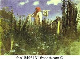Linen Art Print - Girl With Washed Linen On The Yoke