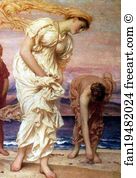 Pebbles Art Print - Greek Girl Picking Up Pebbles By The Sea. Detail