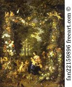 Wreath Art Print - Holy Family In A Flower And Fruit Wreath
