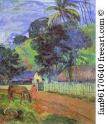 Tahitian Art Print - Horse On Road. Tahitian Landscape