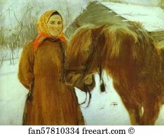 With A Horse Art Print - In A Village. Peasant Woman With A Horse