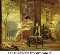 Shirt Art Print - Italian Woman Heavy With A Child Examining A Shirt And Her Husband Making A Cradle